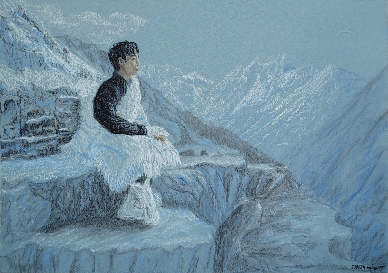 Wu Xie in Tibetan clothing sitting on a mountain ledge, gazing into the distance